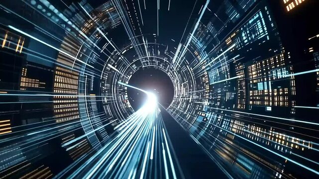 Abstract digital tunnel with light streaks, binary code, and circuit patterns on a dark background