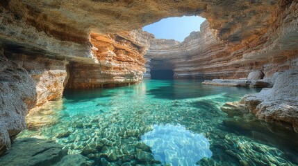 Crystal-clear turquoise water pools in a cave. Sunlight streams in