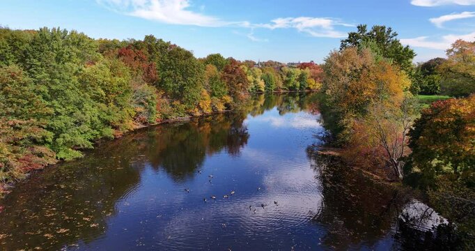 Low Flying Aerial Over Mystic River in Medford, Massachusetts During Peak Fall Foliage