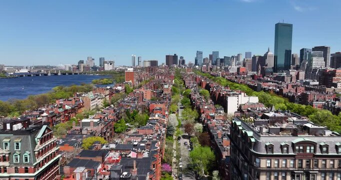 Spring Aerial Establishing Shot of Back Bay Boston with City Skyline in Background