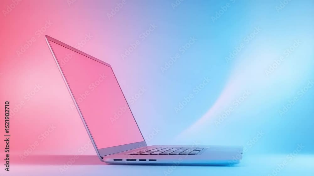 Poster modern computing: a sleek laptop, bathed in vibrant hues of pink and blue, set against a smooth grad