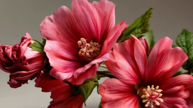 Close-up of deep pink flowering mallows with textured petals and green leaves, against a smooth neutral background