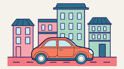 Fototapeta premium Flat Illustration of Red Car on Colorful City Street