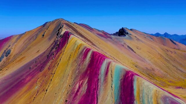 Colorful rainbow spans across the Andean mountains in Peru, with rugged terrain and moody clouds creating a dramatic natural scene.