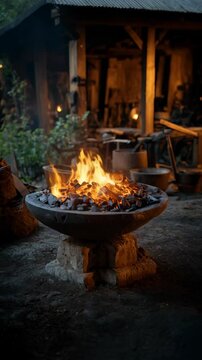 Burning coal in a stone bowl outdoors in a blacksmith shop or forge providing heat for metalworking in a rustic setting with warm lighting.