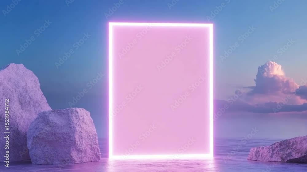 Poster Illuminated Portal: A glowing neon frame against a tranquil backdrop of serene skies and sculpted rocks evokes a sense of wonder and surreal elegance.