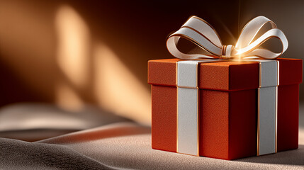 Gift of Joy: A vibrant, perfectly wrapped present exudes an air of excitement, sitting in a warm, atmospheric setting. This image perfectly captures the essence of anticipation and festivity.