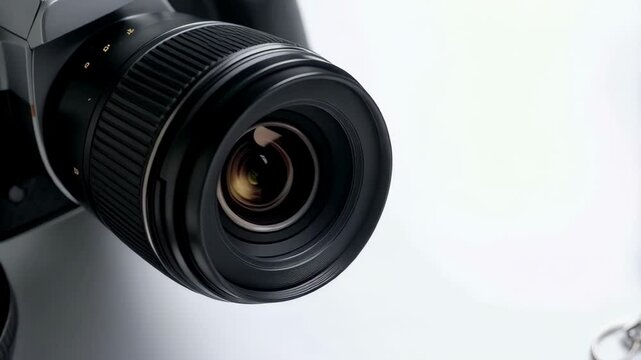 Camera lens and light meter laid on a white background, showcasing photographic equipment and ample copy space