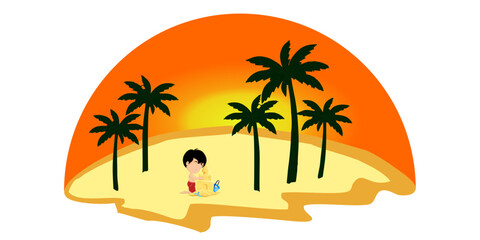 tropical island with palms - illustration of kid play sand