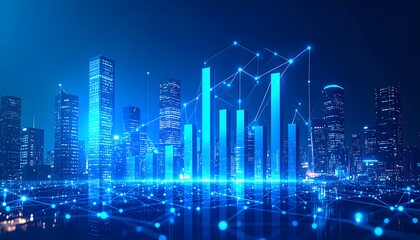 3D city skyline with bar graph and connected nodes, blue tones, financial network and investment concept, futuristic style