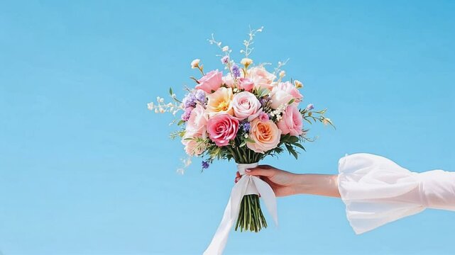 woman with bouquet, vibrant flowers, clear blue sky, minimalistic floral scene, colorful flower arrangement, simple beauty, outdoor flower clip, serene nature moment, bright floral visuals, charming g