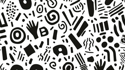 Retro abstract black and white pattern background with scattered symbols, shapes, letters and numbers. Trendy minimalist doodle texture for fashion design, packaging, posters, banners, flyers, busines