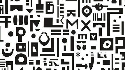Retro abstract black and white pattern background with scattered symbols, shapes, letters and numbers. Trendy minimalist doodle texture for fashion design, packaging, posters, banners, flyers, busines