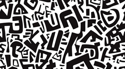 Retro abstract black and white pattern background with scattered symbols, shapes, letters and numbers. Trendy minimalist doodle texture for fashion design, packaging, posters, banners, flyers, busines