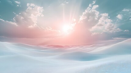 A pastel desert with smooth hills and clouds raining gentle beams of color