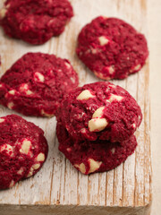 Red velvet cookies on white background