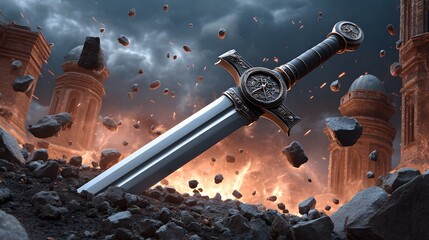 Fototapeta premium Epic Fantasy Sword Plunged into Burning Ruins Ancient Architecture Destruction Scene