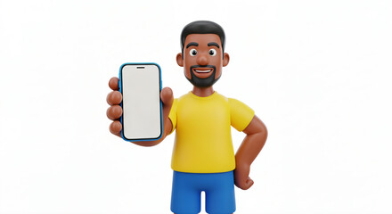 The image depicts a 3D cartoon character with a beard and short hair, wearing a yellow shirt and blue shorts. The character is smiling and holding a smartphone towards the viewer.