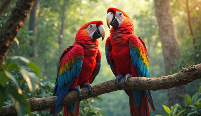Obraz premium Two vibrant macaws perched on a branch in a lush forest.