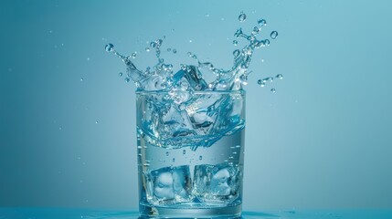 Refreshing water glass with splashing water.