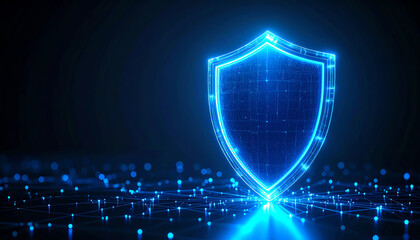 A glowing blue shield symbolizes digital security and protection against cyber threats, set against a dark background with glowing dots