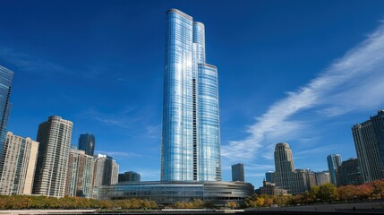 Fototapeta premium Towering glass skyscraper sits prominently in a city skyline setting