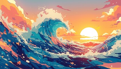 Vibrant Waves Crashing Under Sunset Sky in Colorful Digital Art