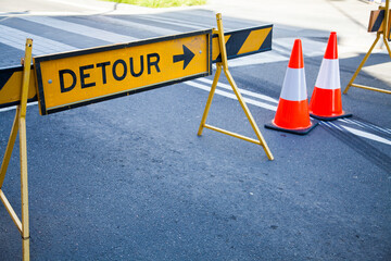 Detour and traffic cones, main road closed for street party