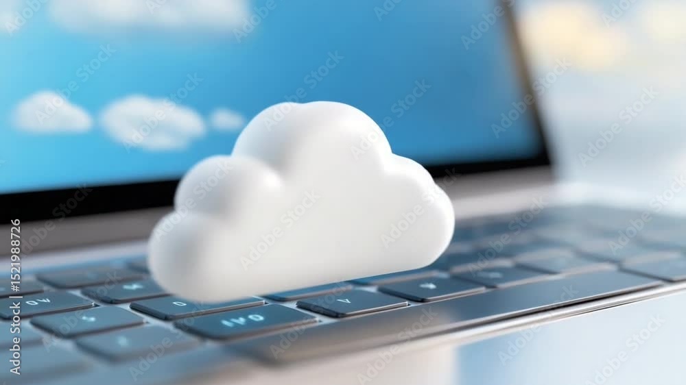 Poster cloud computing on laptop: a white cloud icon rests on a laptop keyboard, symbolizing cloud computin