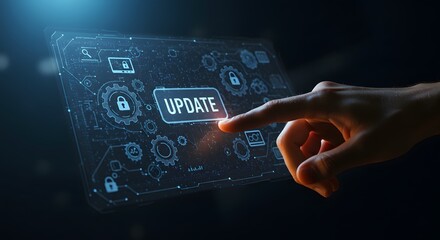 Update System Upgrade Software version technology concept on virtual screen. hand pushing a button