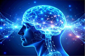 Obraz premium Neural lace interface glowing within translucent cranium, emitting holographic data streams merging with starfield consciousness. 