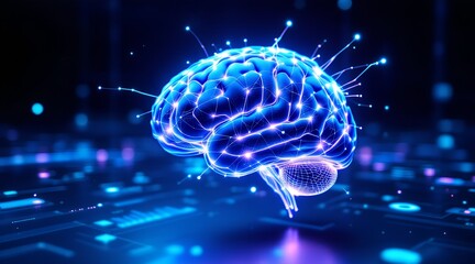 Blue Glowing Digital Brain in Cyber Space &ndash; Futuristic Neural Network and AI Visualization