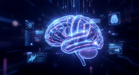 Glowing Neural Brain with HUD Interface &ndash; Artificial Intelligence and Data Visualization Concept