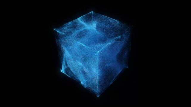 glowing blue particles swirling inside a translucent cube against a black background. Dynamic light effect, scientific visualization, technology concept. Abstract 3D render, 4K loop