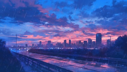 Fototapeta premium Vibrant City Skyline at Dusk with Colorful Clouds and Rain