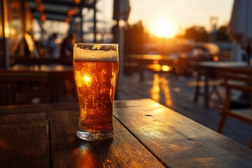 A Glass of Cold Beer in a Cafe at Sunset