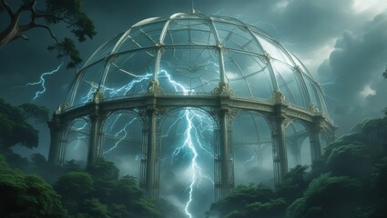 A glass dome structure surrounded by lush greenery illuminated by a lightning storm in the sky