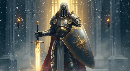 Knight in snowy gateway holds sword