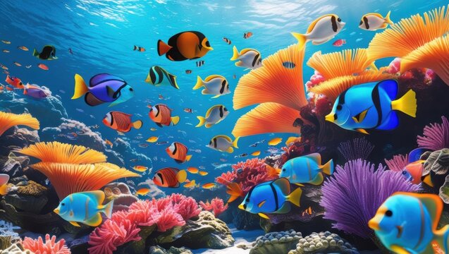 A vibrant underwater scene featuring a diverse array of colorful fish and coral formations in clear blue water
