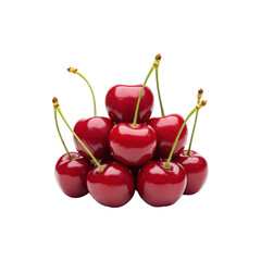 Cluster of red cherries with stems, shiny and realistic on white background