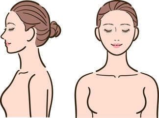 デコルテ・上半身　目を閉じた女性イラストセット（正面・横顔）