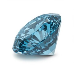 Close up of a faceted light blue gemstone on a white surface, studio shot