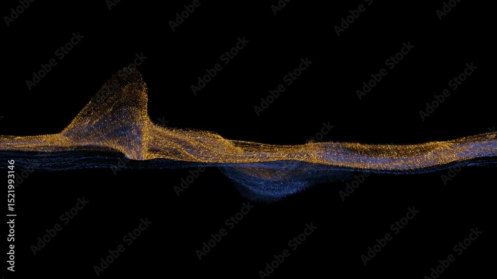 Poster flowing abstract wave of shimmering gold and blue particles against a black background, creating a d