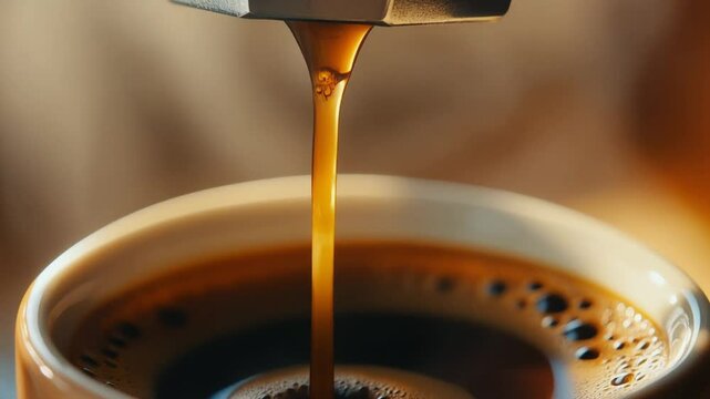 Close do caf&eacute; escorrendo da m&aacute;quina direto na x&iacute;cara