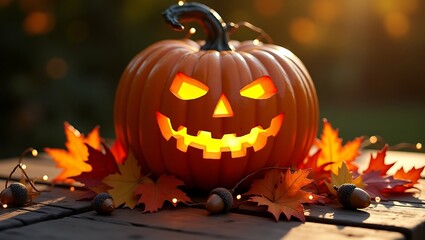 Fototapeta premium Halloween Jack-o'-lantern on a rustic table with fall leaves and acorns and holiday lights.