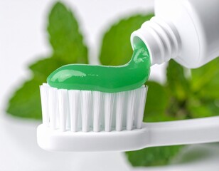 Creme dental verde em escova de dentes com folhas de hortelã