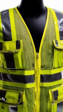 Close-up of a bright yellow reflective safety vest on a mannequin, featuring multiple pockets, zipper closure, and retroreflective stripes for visibility.