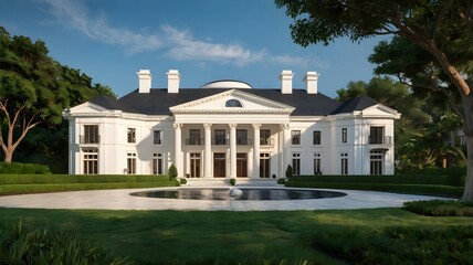 White Neoclassical Mansion with Grand Entrance and Lush Landscaping.
