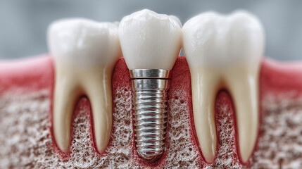 Dental implant with crown between natural teeth in jawbone cross section, showing detailed gum and bone structure, symbolizing oral health and dental restoration