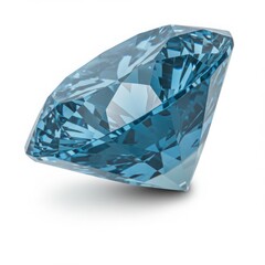 A single blue gemstone with many facets casting a soft shadow on white surface